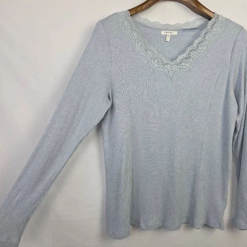 Maurices Lace Trim Rib Knit Top Large Light Blue - Picture 4 of 9